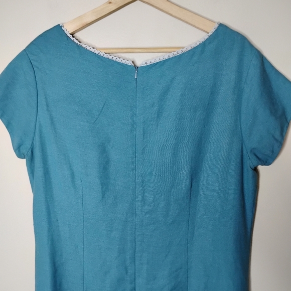 VTG 90s Club Newport Maxi Dress 12 Blue Embroidered Hem Crochet Trim Lined - Picture 6 of 8